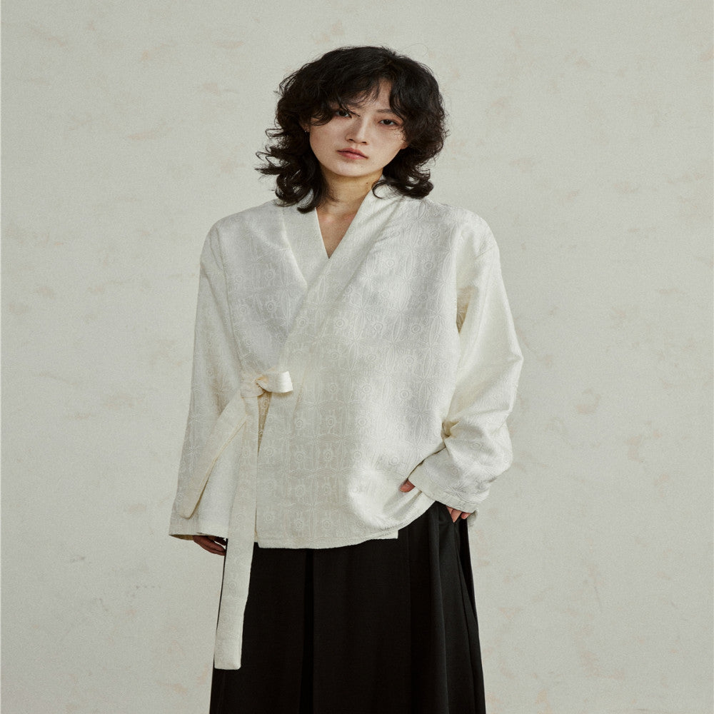 SUNYVONNE A niche design new Chinese Zen style slanted collar V neck long sleeved jacquard dark patterned lace up loose shirt image 6