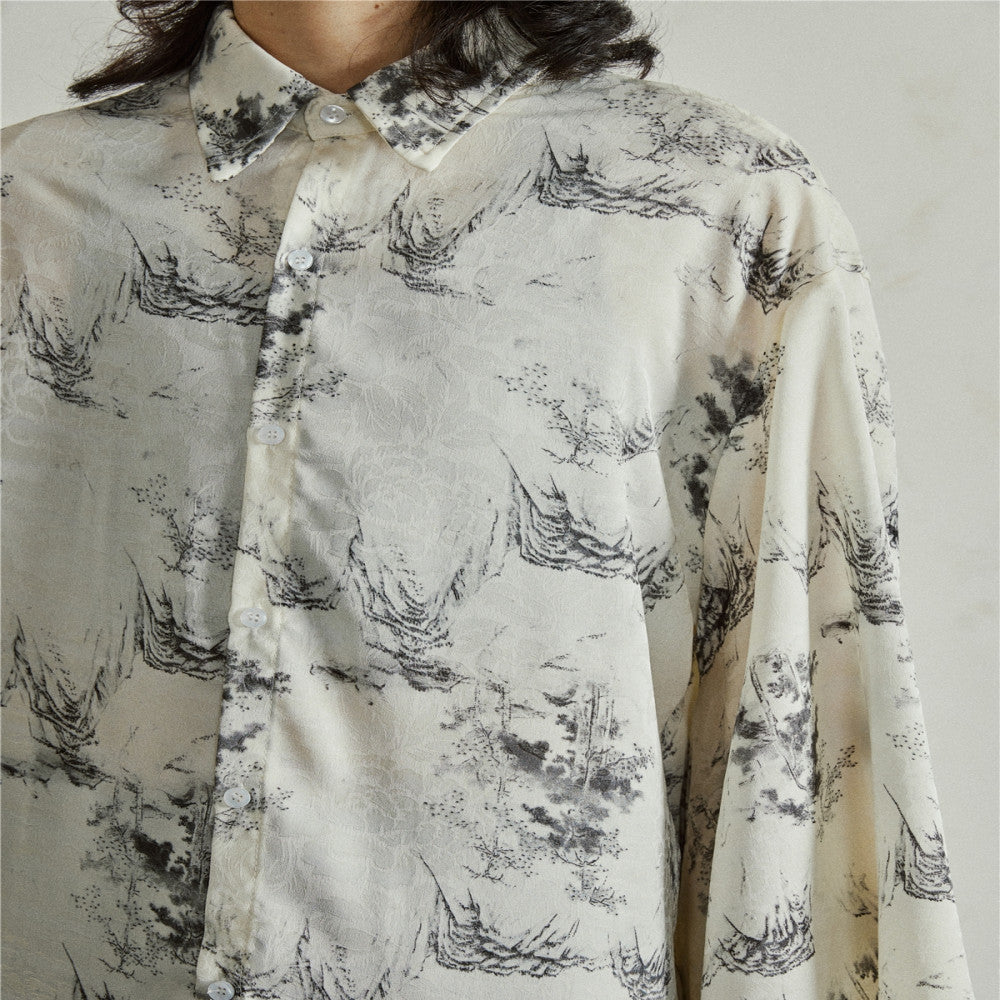 SUNYVONNE niche design new Chinese style improved wide sleeved shirt with ink printing Chinese style hanging loose top image 5