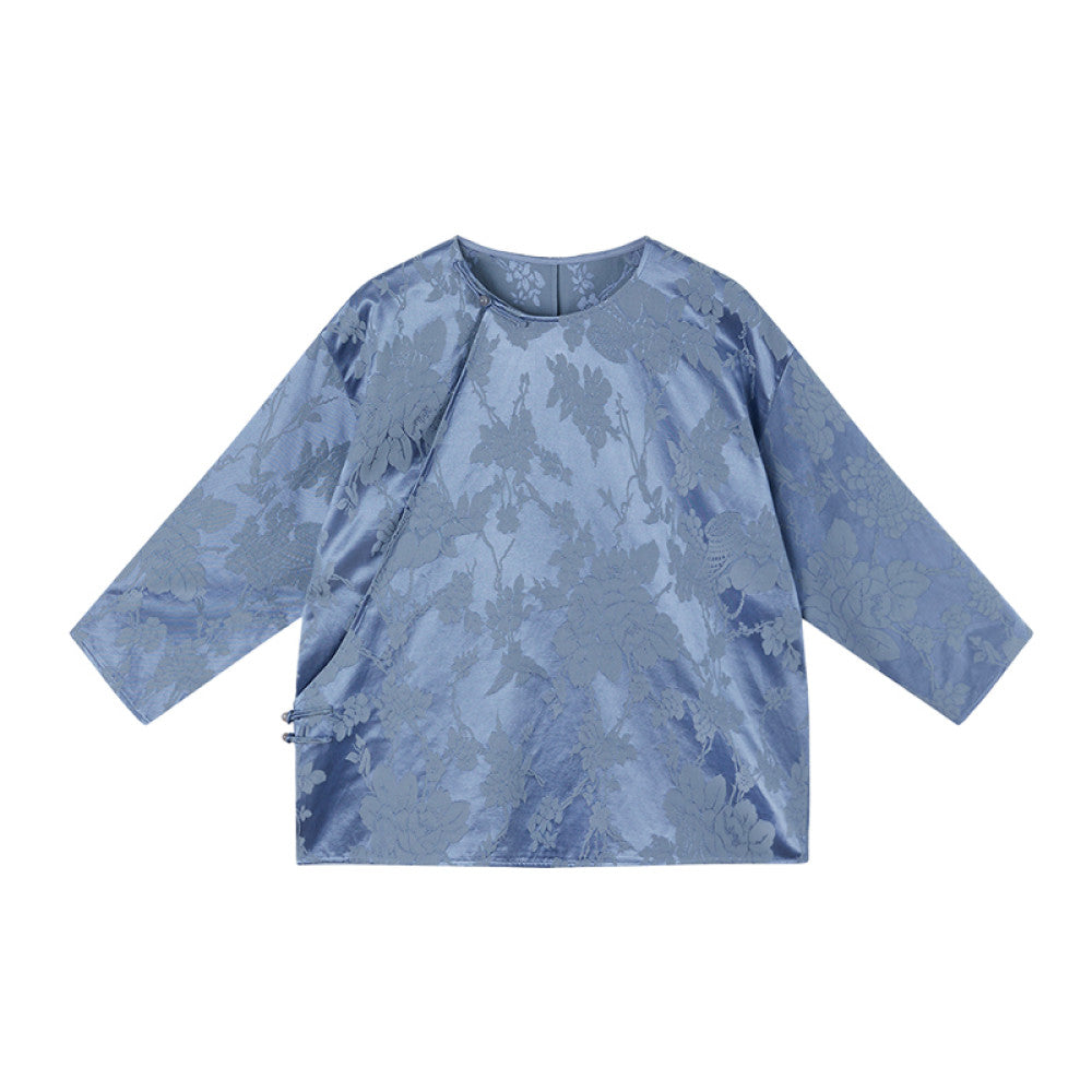 Ruyi Lianyun Maomo Silk Dark Pattern Jacquard Shirt for Women New Chinese Style Slant breasted Jade Button Top image 6