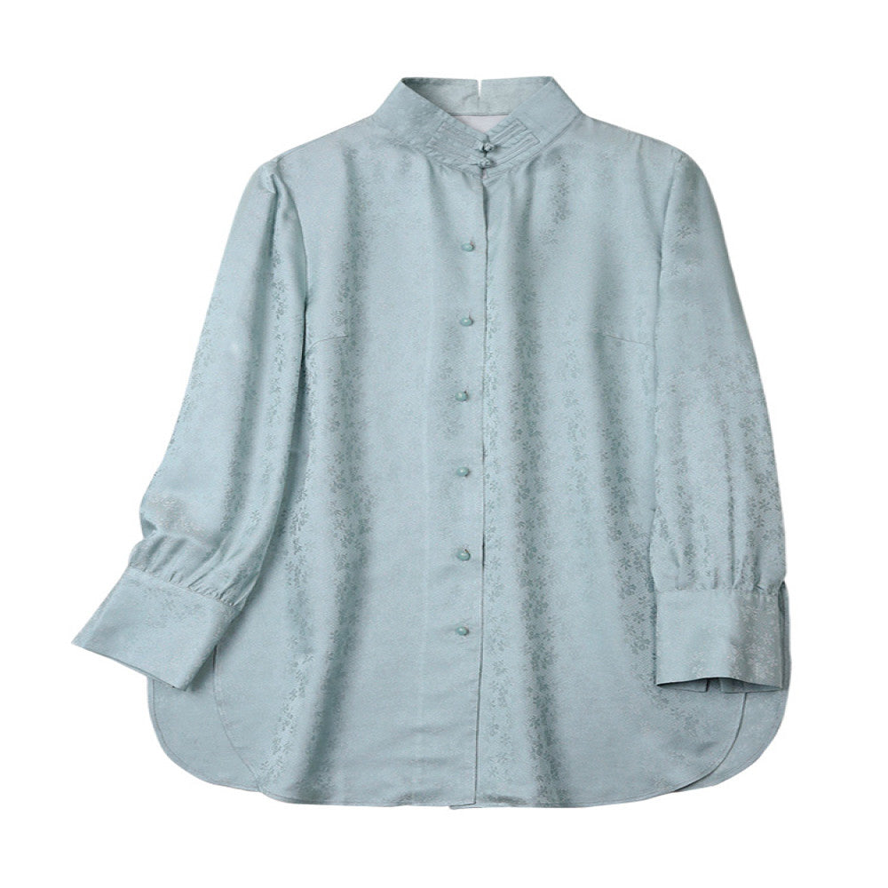 Summer New Chinese Art Retro Improvement Chinese Style Silk Blended Jacquard Stand up Collar Shirt Tang style Women s Top image 5