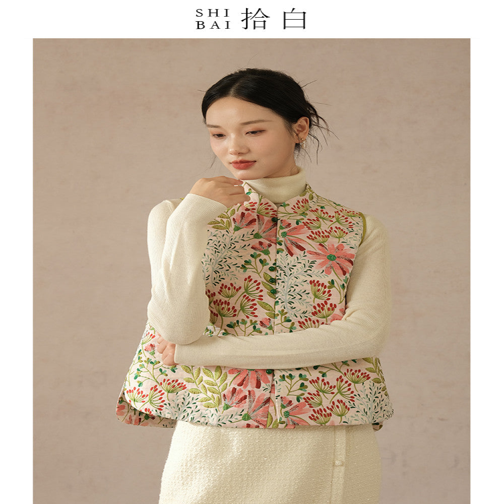SHIBAI picks up white flowers clusters of brocade new Chinese jacquard vest original Chinese style women s clothing Zen inspired improved top image 0