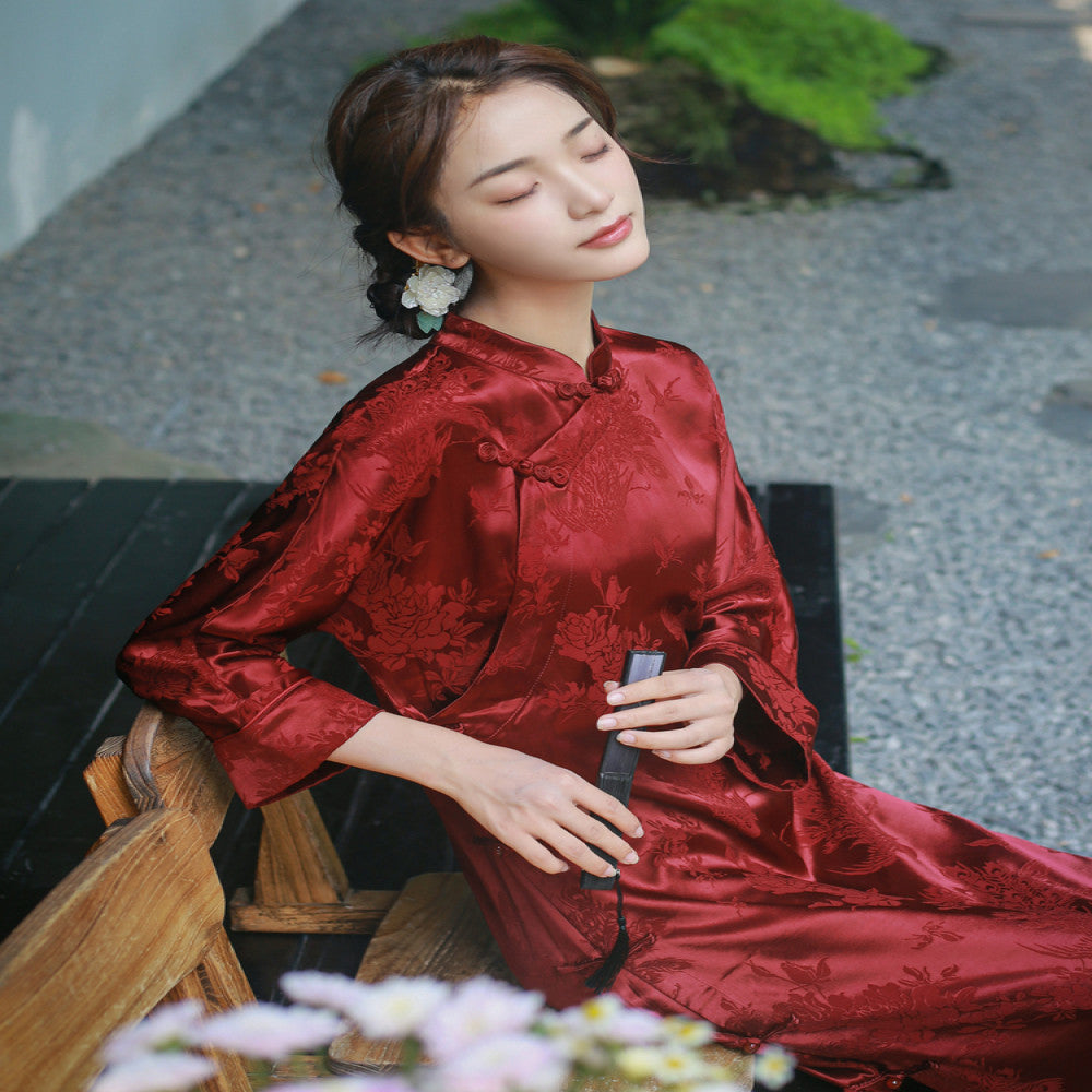 Acetic acid satin high end cheongsam can be worn for engagement dresses new Chinese style dresses women s temperament tea dresses and skirts image 0