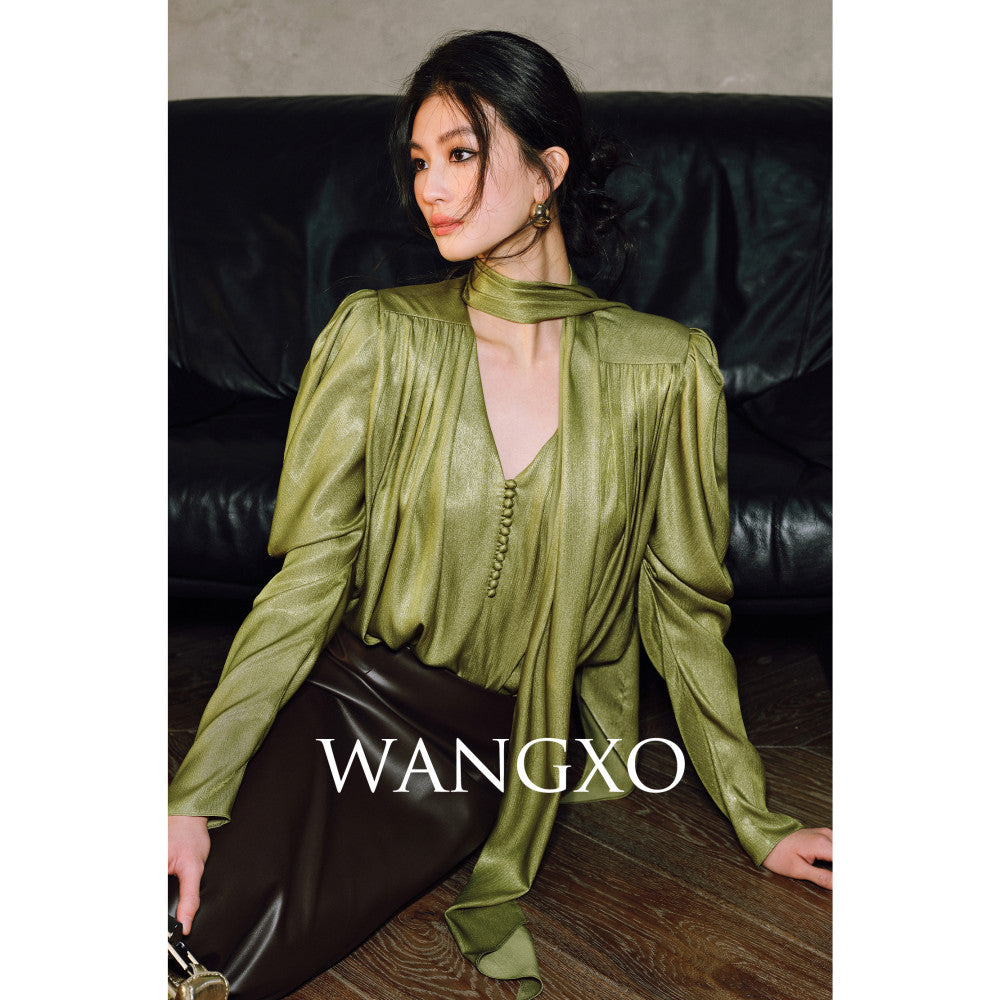 WANGXO Satin Shiny Silk Adornment Renaissance Art Sheepsleep Sleeves with Soft V neck Ribbon Shirt image 6