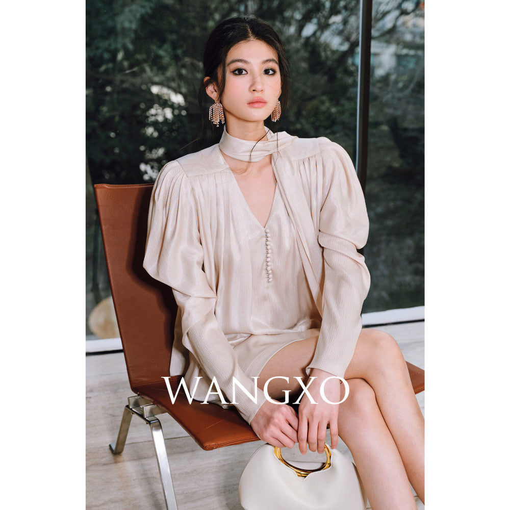 WANGXO Satin Shiny Silk Adornment Renaissance Art Sheepsleep Sleeves with Soft V neck Ribbon Shirt image 12