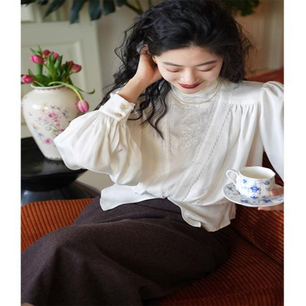Chings vintage Edwardian style high neck top embroidered lace elastic waist lantern sleeve shirt image 1