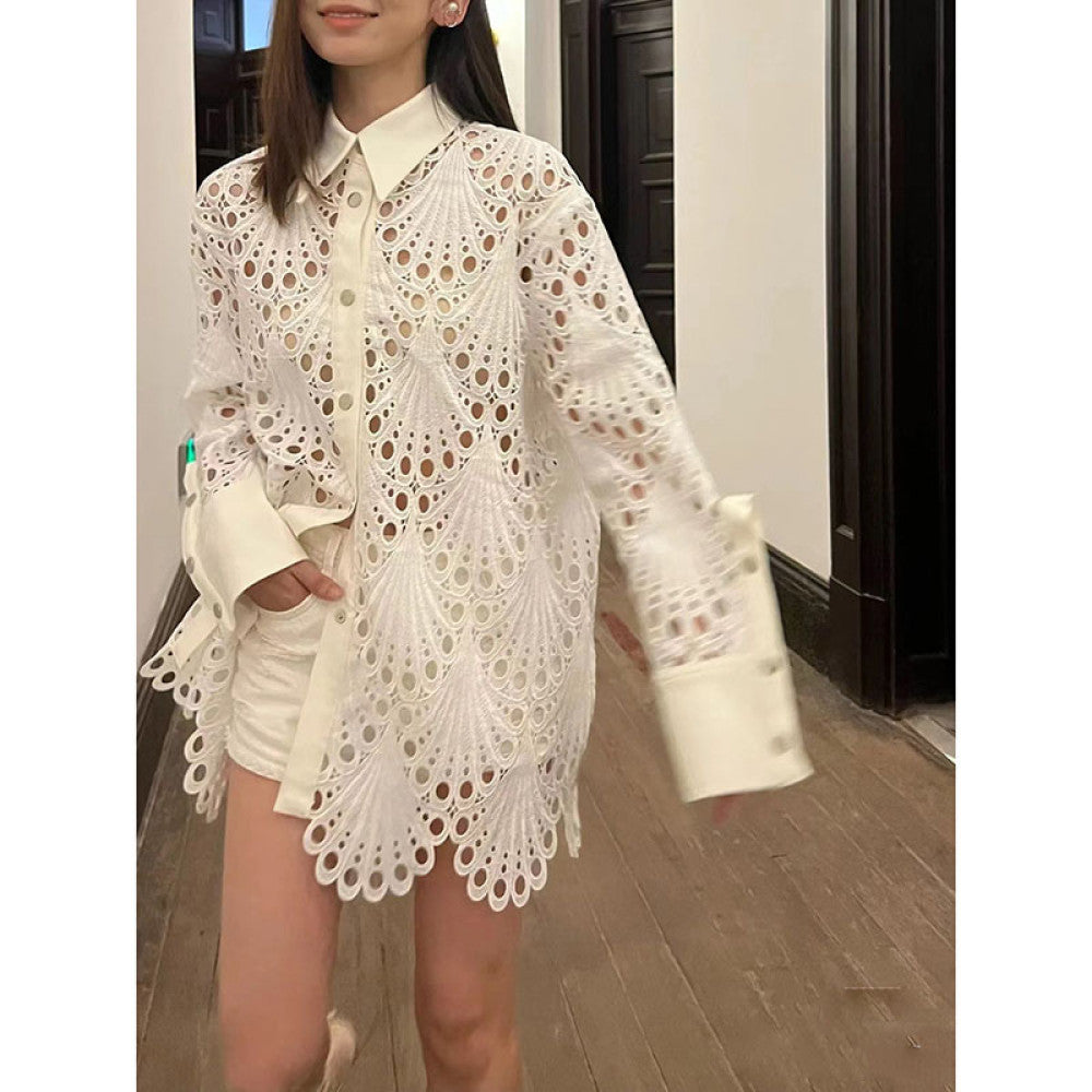 On the day of release Hong Kong style retro chic temperament white shirt for women autumn and winter hollow out loose mid length top image 1