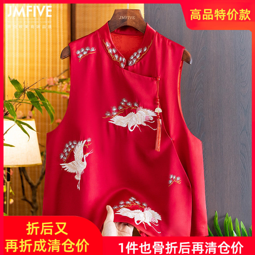 Retro Western style Red Acetate Vest for Women 2024 Autumn New Product Chinese Side Embroidered Hemp Vest for Women image 1