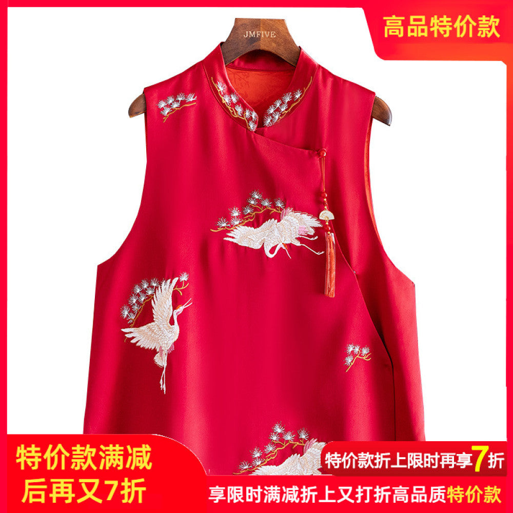 Retro Western style Red Acetate Vest for Women 2024 Autumn New Product Chinese Side Embroidered Hemp Vest for Women image 14