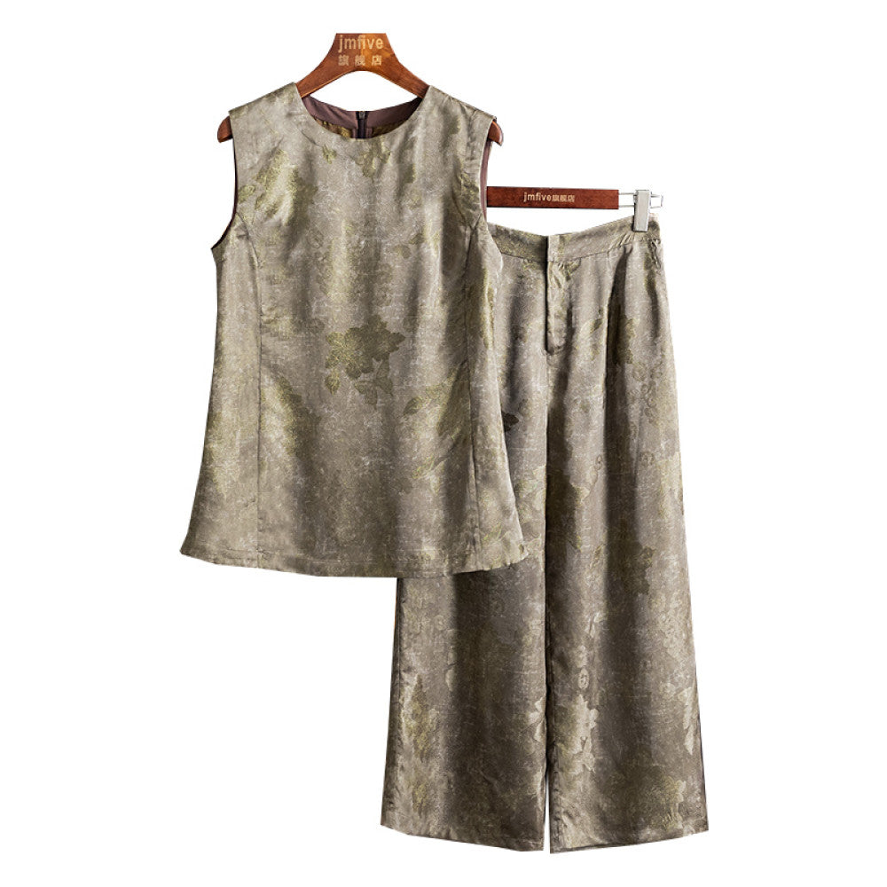 New Chinese style silk fragrant cloud yarn fashionable and elegant suit for women in summer 2025 retro style top wide leg pants image 10