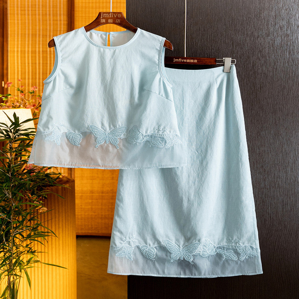 Elegant temperament linen embroidery set 2025 summer new product fashionable casual sleeveless top half skirt two piece set image 2