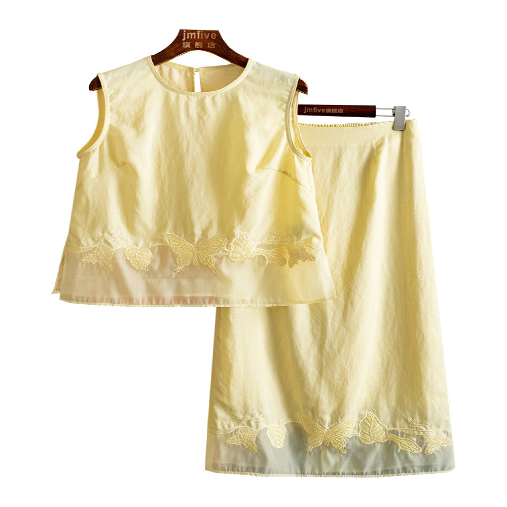 Elegant temperament linen embroidery set 2025 summer new product fashionable casual sleeveless top half skirt two piece set image 5