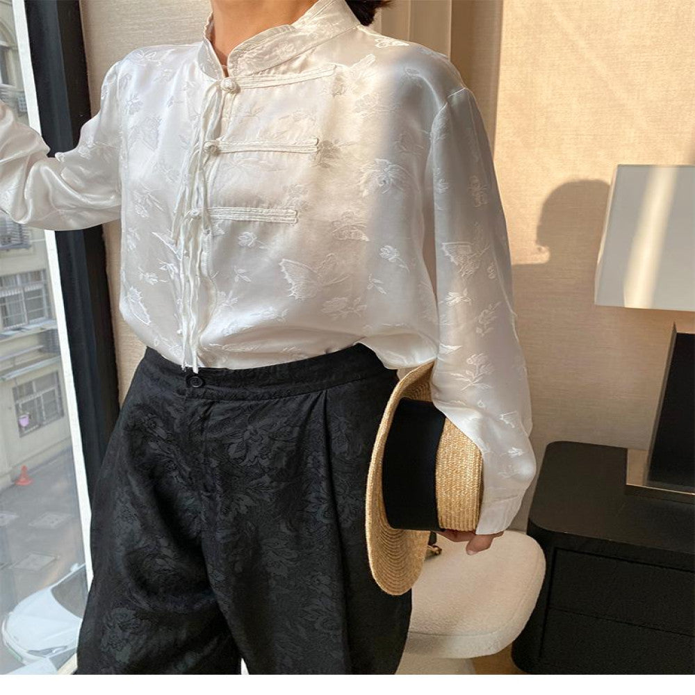 Heavy duty silk top women s buckle 2025 Spring and Autumn new shirt jacquard Chinese retro silk young Tang fashion trend image 0