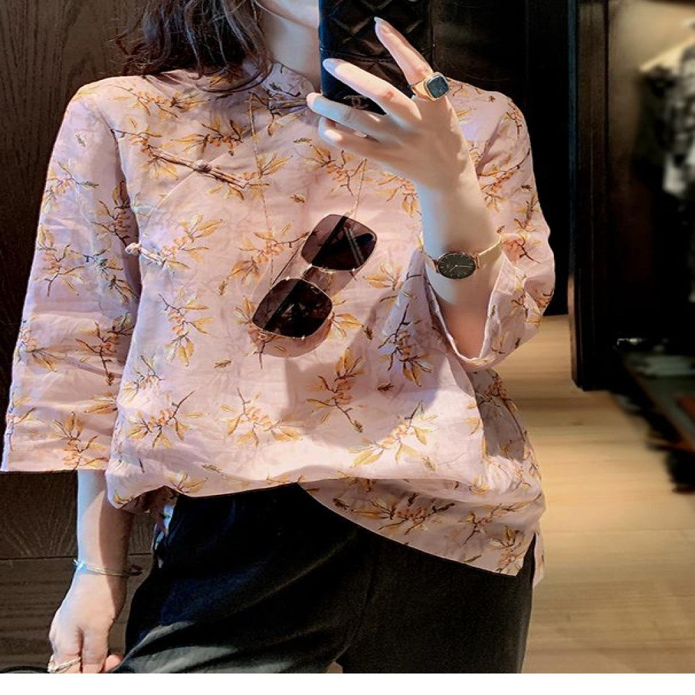 Women s shirt design sense niche 2025 Spring and Autumn new ramie Chinese retro top improved cheongsam Tang style buckle image 1