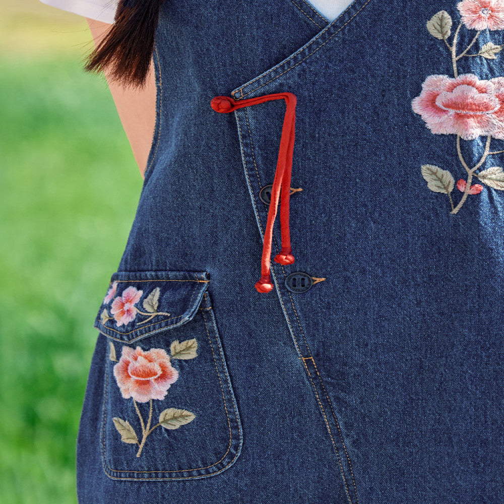 HuaZuoXingChuan original Chinese style embroidery denim overalls women s loose design sense age reducing wide leg pants summer image 3