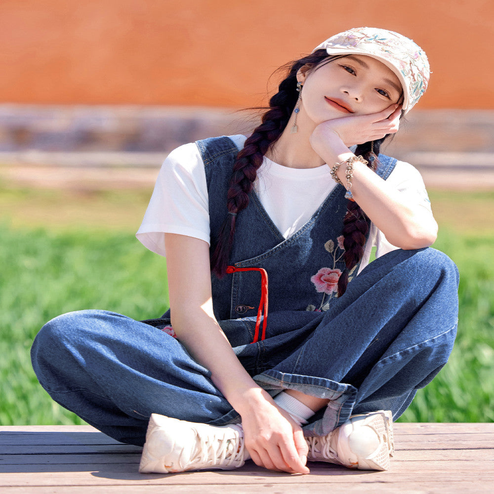 HuaZuoXingChuan original Chinese style embroidery denim overalls women s loose design sense age reducing wide leg pants summer image 4