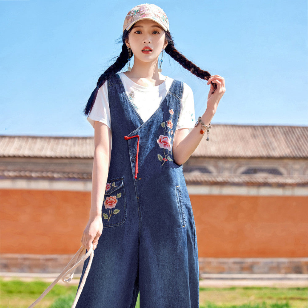 HuaZuoXingChuan original Chinese style embroidery denim overalls women s loose design sense age reducing wide leg pants summer image 8