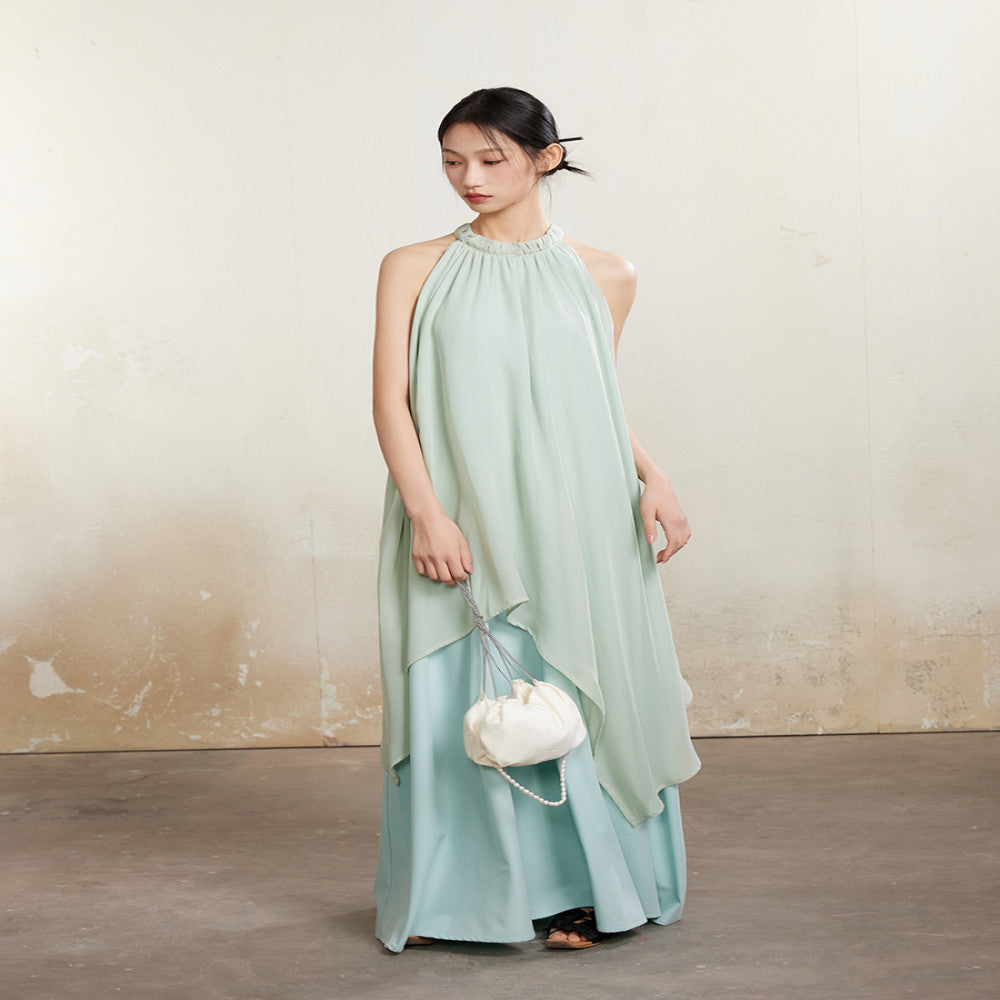ONMOON Summer Mint Manwave Wind Hanging Neck Dress 2024 New Cool Romantic Vacation Fairy Long Dress image 2