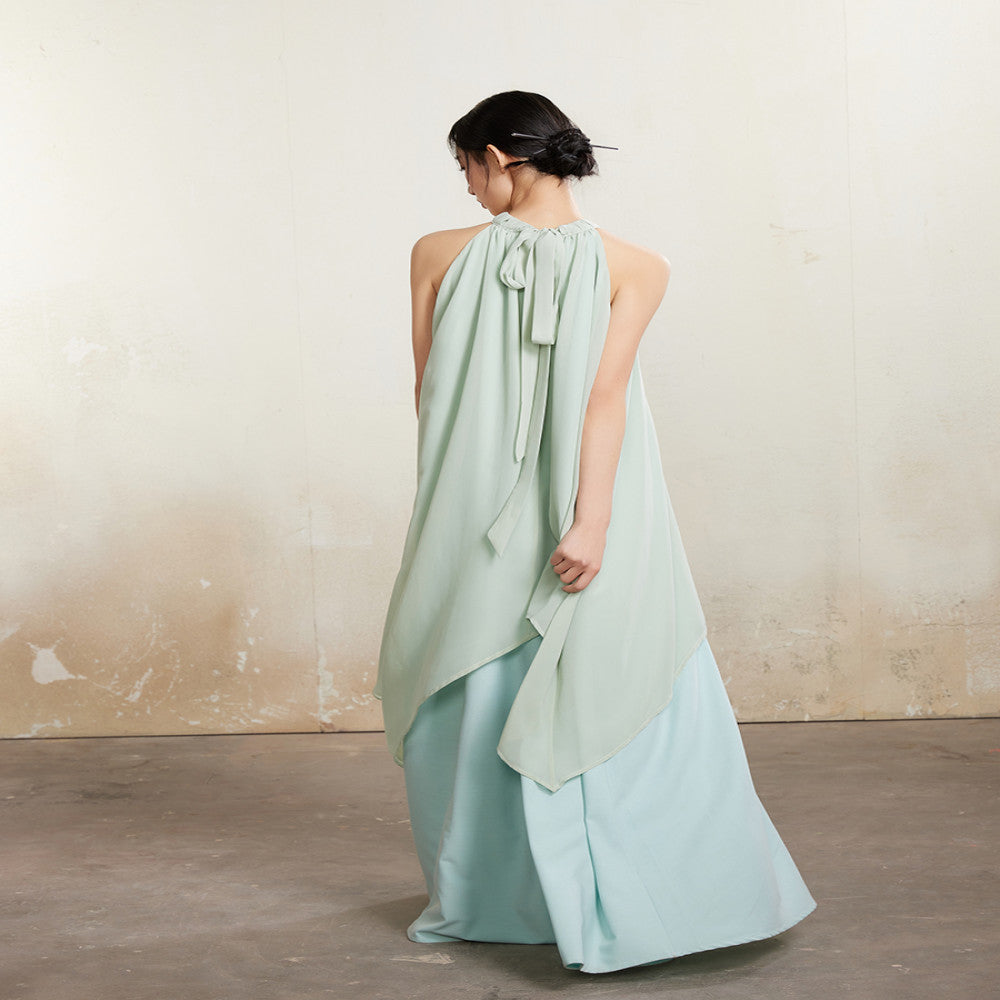 ONMOON Summer Mint Manwave Wind Hanging Neck Dress 2024 New Cool Romantic Vacation Fairy Long Dress image 3
