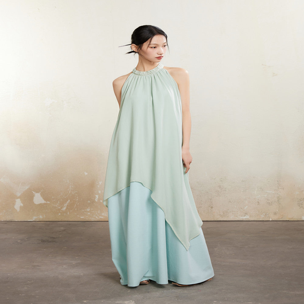 ONMOON Summer Mint Manwave Wind Hanging Neck Dress 2024 New Cool Romantic Vacation Fairy Long Dress image 4