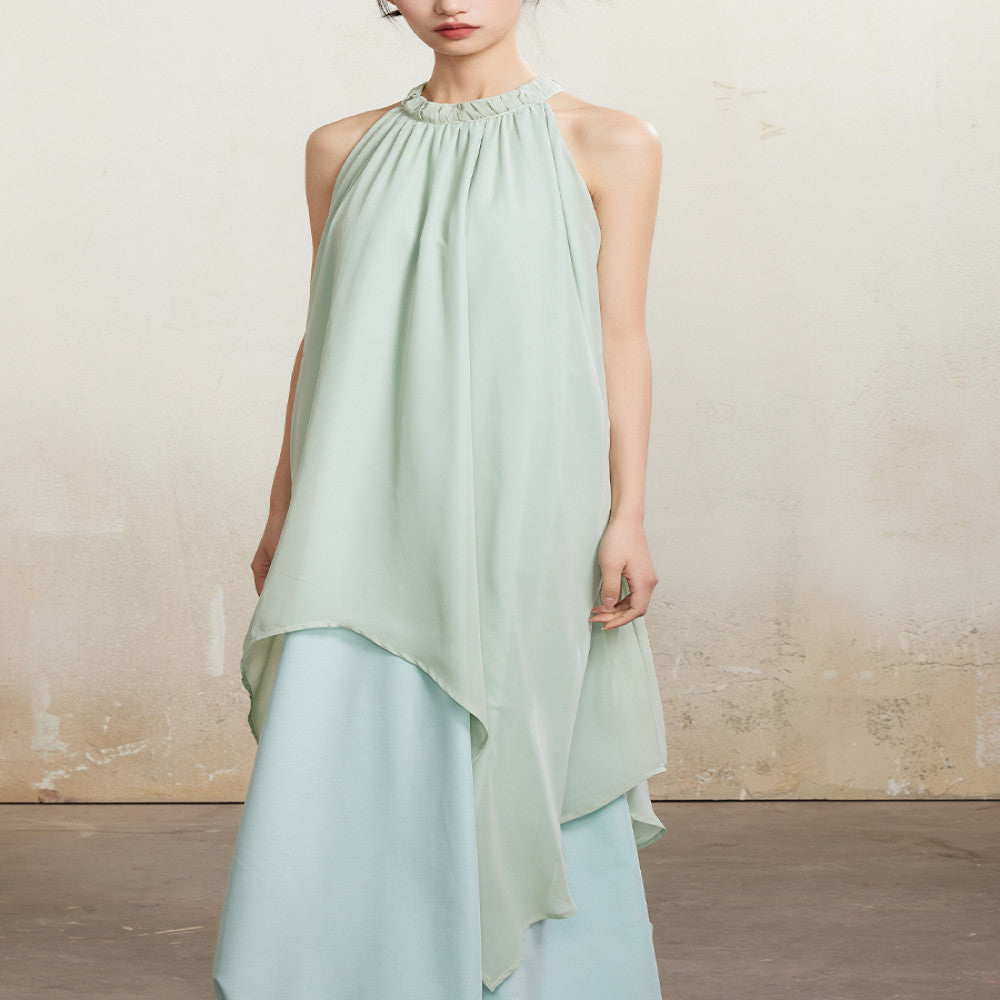 ONMOON Summer Mint Manwave Wind Hanging Neck Dress 2024 New Cool Romantic Vacation Fairy Long Dress image 5