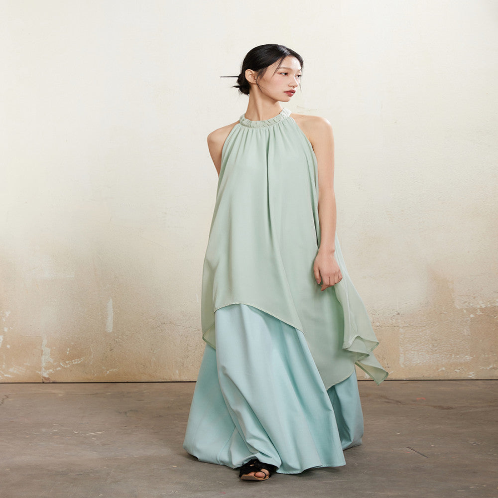 ONMOON Summer Mint Manwave Wind Hanging Neck Dress 2024 New Cool Romantic Vacation Fairy Long Dress image 7