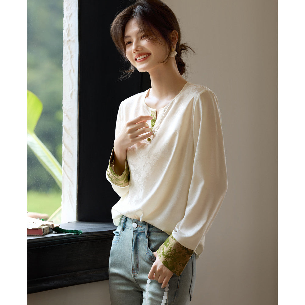 XWI Xinwei New Chinese style satin jacquard color blocked shirt for women s early autumn 2025 design sense small shirt top image 8