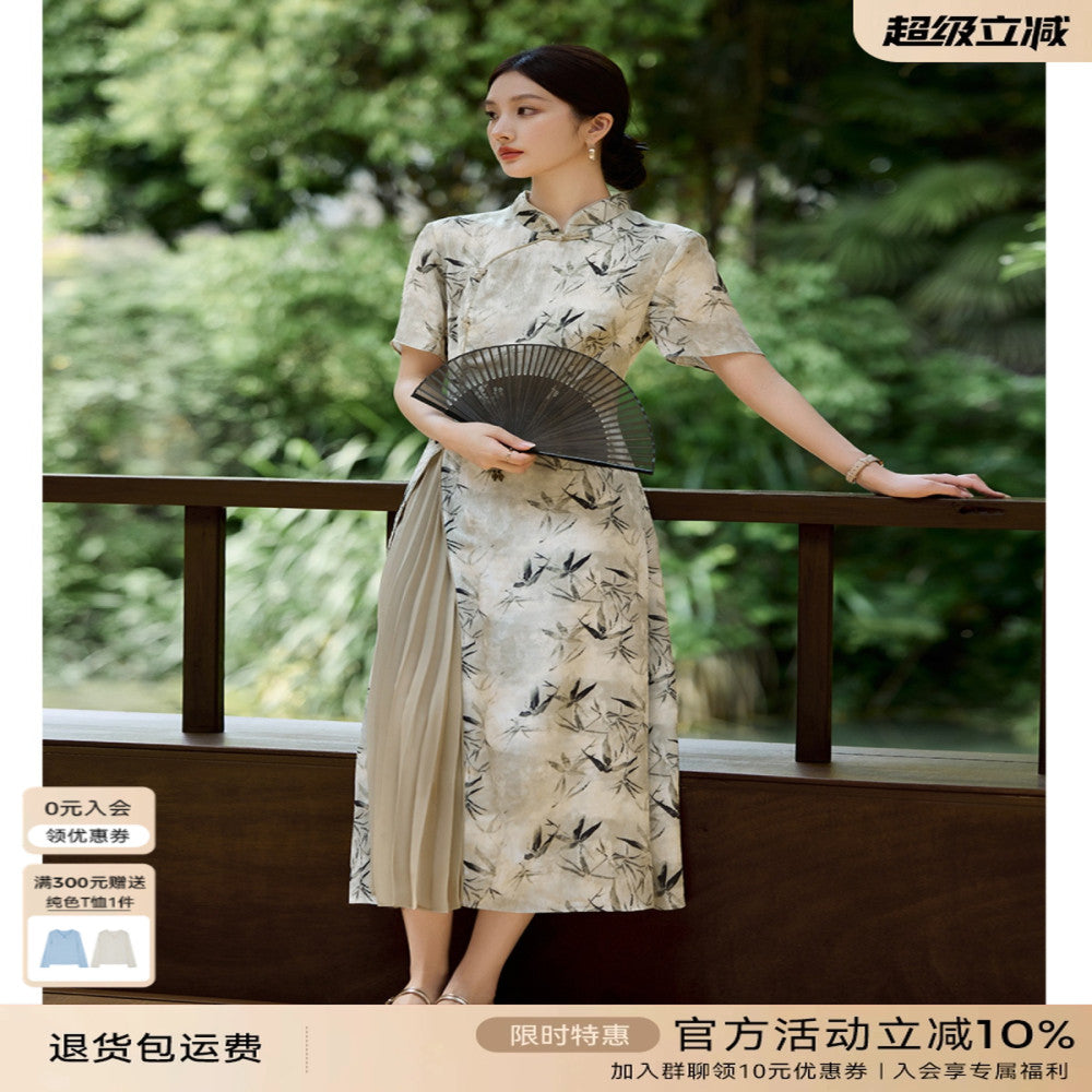 XWI Xinwei new Chinese style printed dress summer and early autumn button design noble and elegant cheongsam skirt image 1