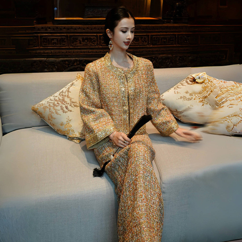 Chengyu Gaoding Zunyao Jinque New Chinese style Small Fragrance Golden Thread Flower Bead Weaving Coat Western Dress Set image 14