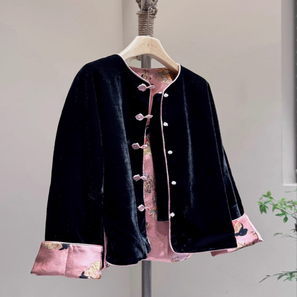 New Chinese style round neck double sided autumn and winter coat velvet pink Little Tang style high end young Tang style off shoulder sleeves Chinese style image 8