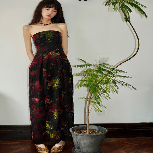 ASAYA4131 - Floral strapless dress made from high quality silk blend printed with rose pattern✨