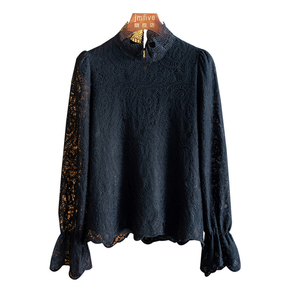 French sweet lace hollow out long sleeved temperament shirt for women in autumn 2025 fashionable and stylish interior top for women image 1
