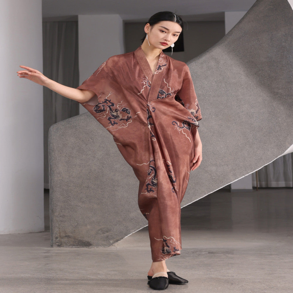 New Chinese style printed three dimensional cut batwing sleeves with a niche design sense both inside and outside the boundaries Seven point sleeve long dress image 1