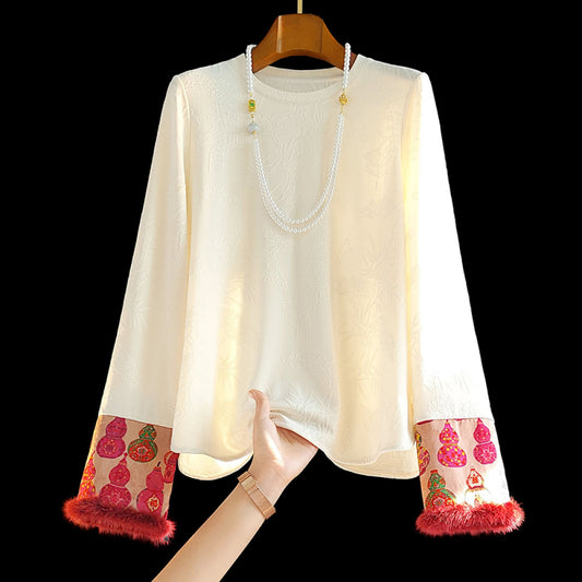 ASAYA4073 Jacquard Blouse with mink fur Festive Gourd-Inspired Cuffs