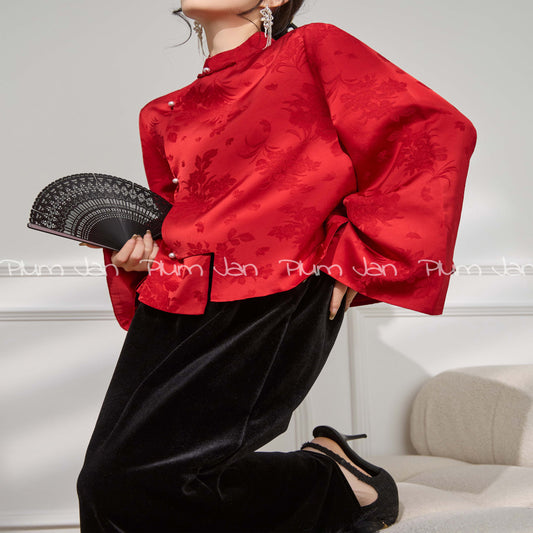 ASAYA4052 - Unique Floral Red Jacquard Top ✨