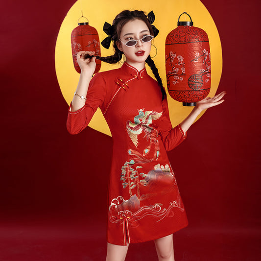 ASAYA4063 ✨ Elegant Red Phoenix Cheongsam Dress ❤️ (Short Sleeve)