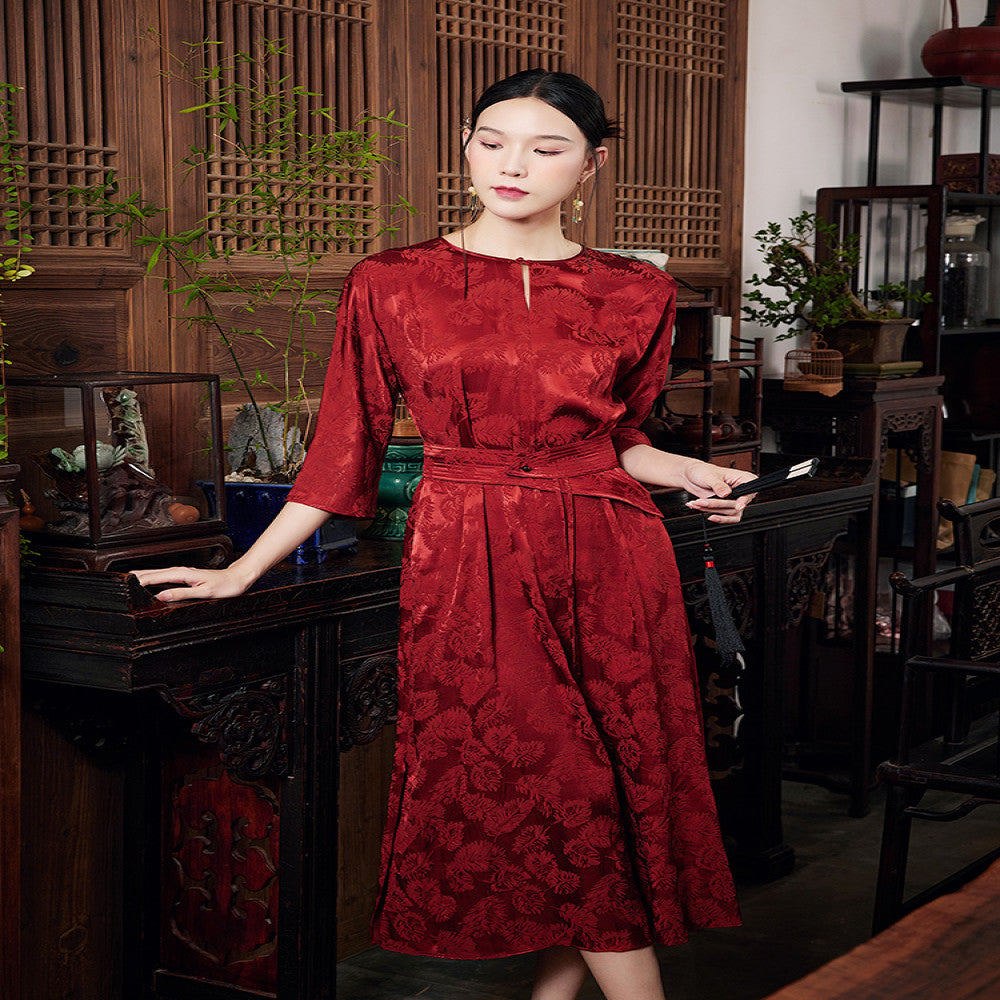 Mo Yu Zhu Yi Summer Chinese style new improved temperament round neck jacquard satin red dress image 1