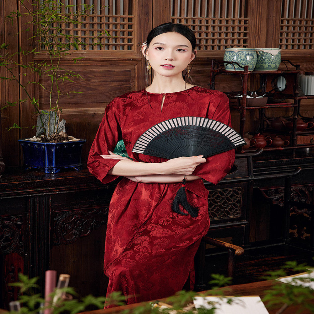Mo Yu Zhu Yi Summer Chinese style new improved temperament round neck jacquard satin red dress image 2