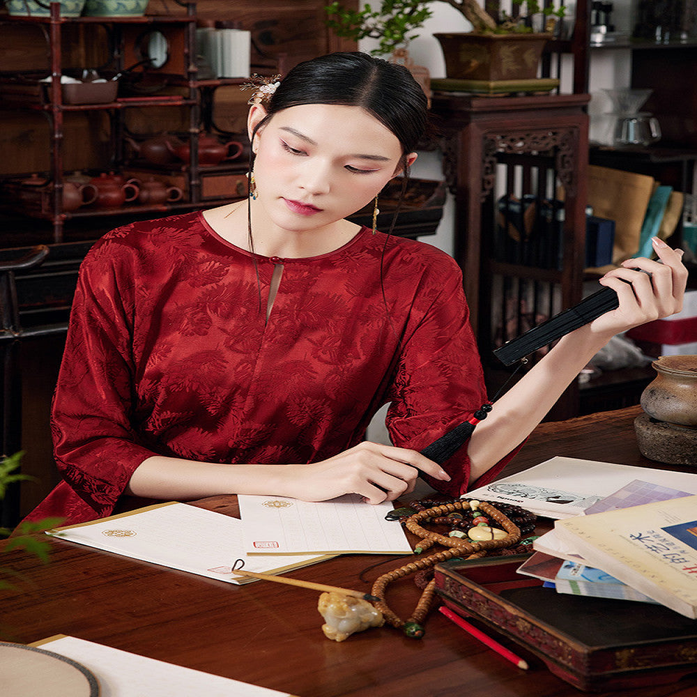 Mo Yu Zhu Yi Summer Chinese style new improved temperament round neck jacquard satin red dress image 3