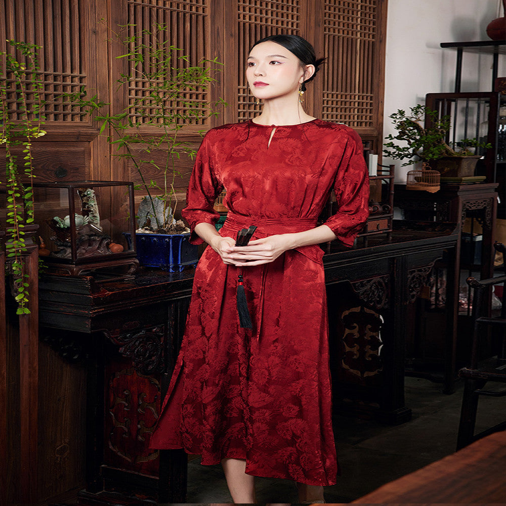 Mo Yu Zhu Yi Summer Chinese style new improved temperament round neck jacquard satin red dress image 4