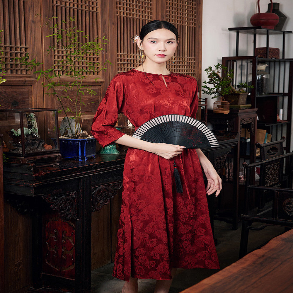 Mo Yu Zhu Yi Summer Chinese style new improved temperament round neck jacquard satin red dress image 5