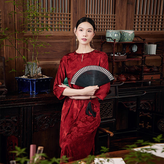 ASAYA4061 - Maple Leaf Jacquard Satin Dress 🌿🍁