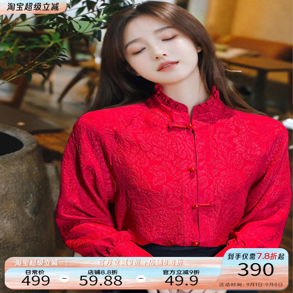 New Year s Red 00 Silk Crown Crepe New Chinese Shirt Chinese Style Top Women s Early Spring Three Dimensional Embossed Shirt image 0
