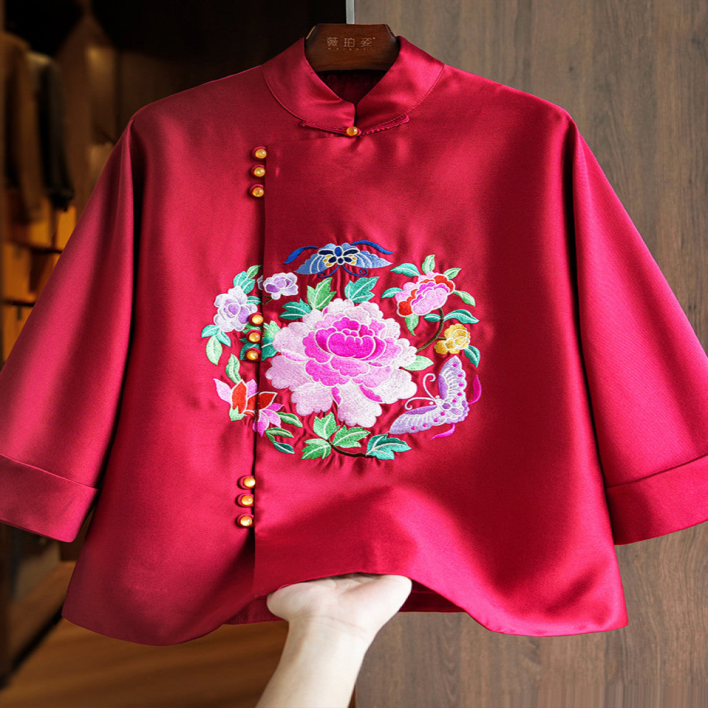 New Year red silk wool jacket for women spring and autumn style unique and beautiful heavy duty national trend embroidery new Chinese style top image 1