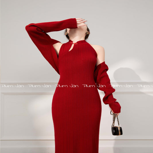 ASAYA4047 – Red Cheongsam & Cardigan Set ✨