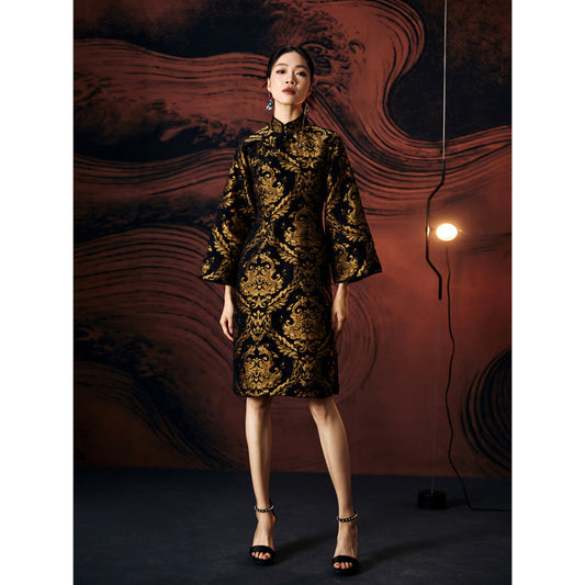 ASAYA4042 - Black & Gold Jacquard Qipao Dress 🌟