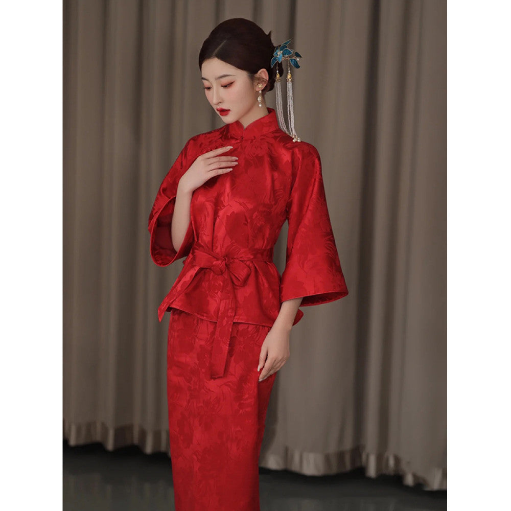 Chinese style jacquard red modified cheongsam top bride s wedding toast dress standing collar half skirt two piece set image 11