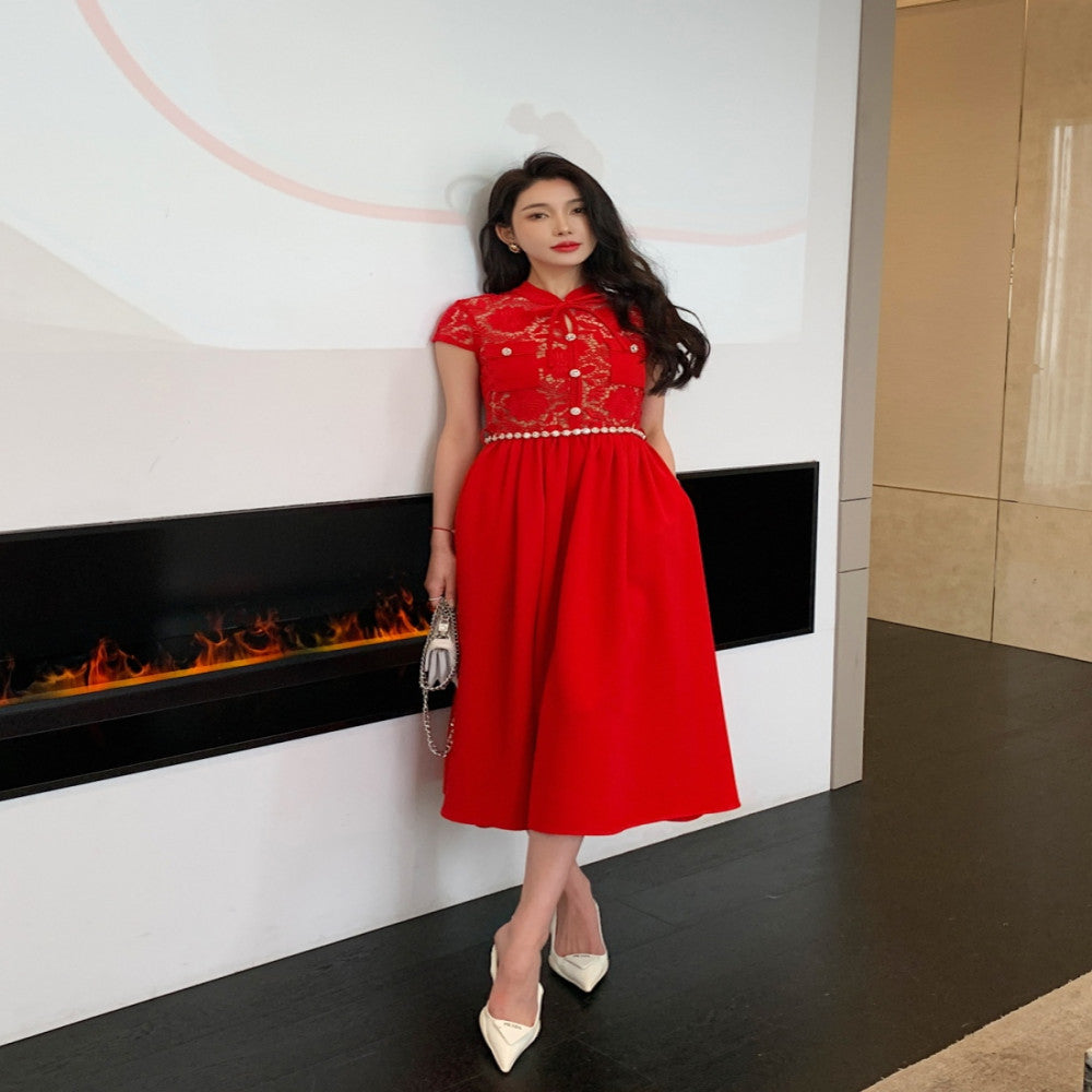 2025 Spring Lace Splicing Red New Chinese Wedding Christmas New Year Spring Festival Dress Long Skirt image 2