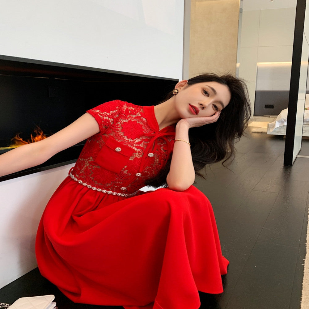 2025 Spring Lace Splicing Red New Chinese Wedding Christmas New Year Spring Festival Dress Long Skirt image 4