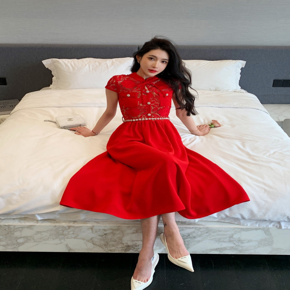 2025 Spring Lace Splicing Red New Chinese Wedding Christmas New Year Spring Festival Dress Long Skirt image 13