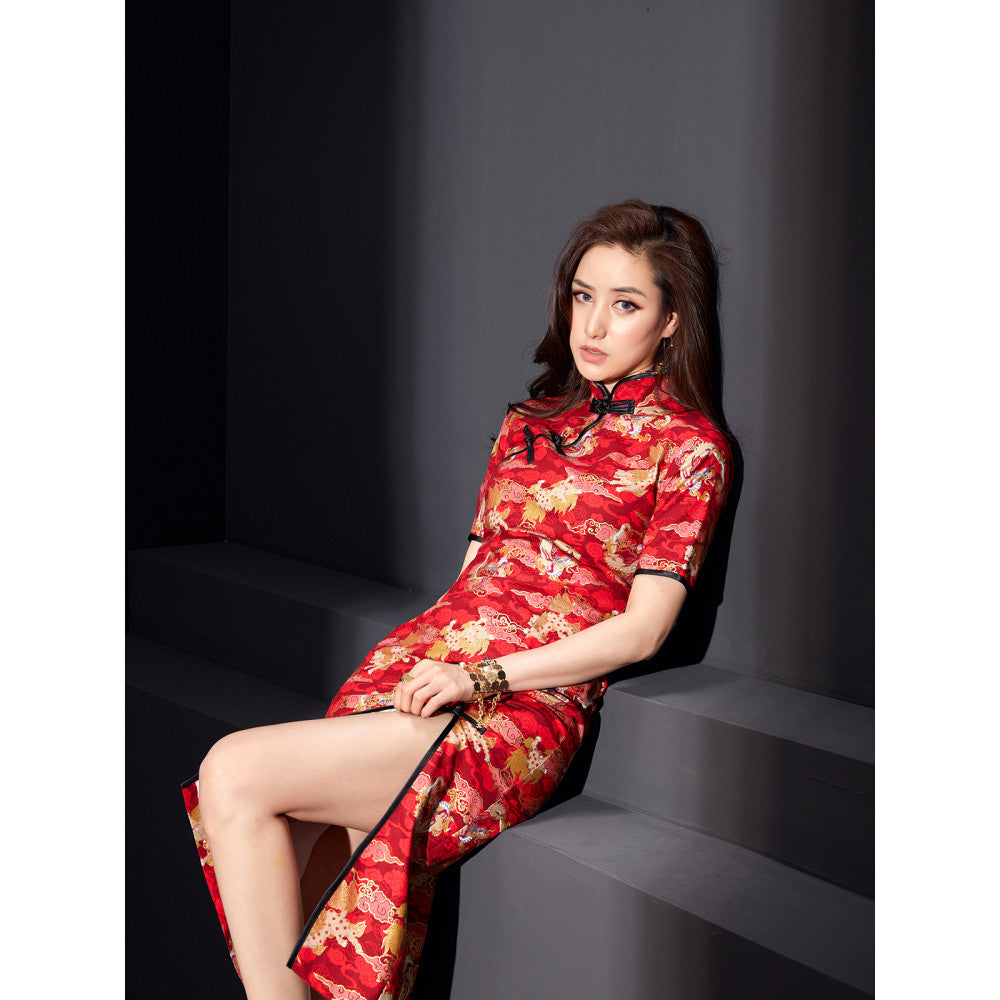 Fulang 2024 original store Dragon Totem Retro Button New Improved Slit Young Girl Long Cheongsam Skirt image 0